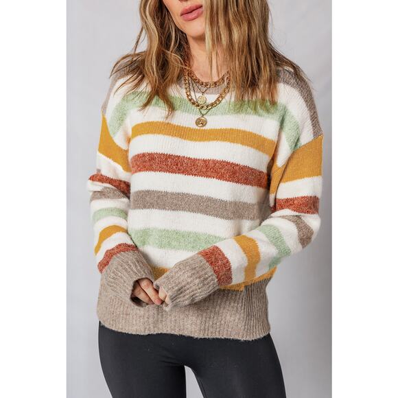 Multicolour Stripe Drop Shoulder Crew Neck Sweater - Size US 16-18 - Picture 1 of 10
